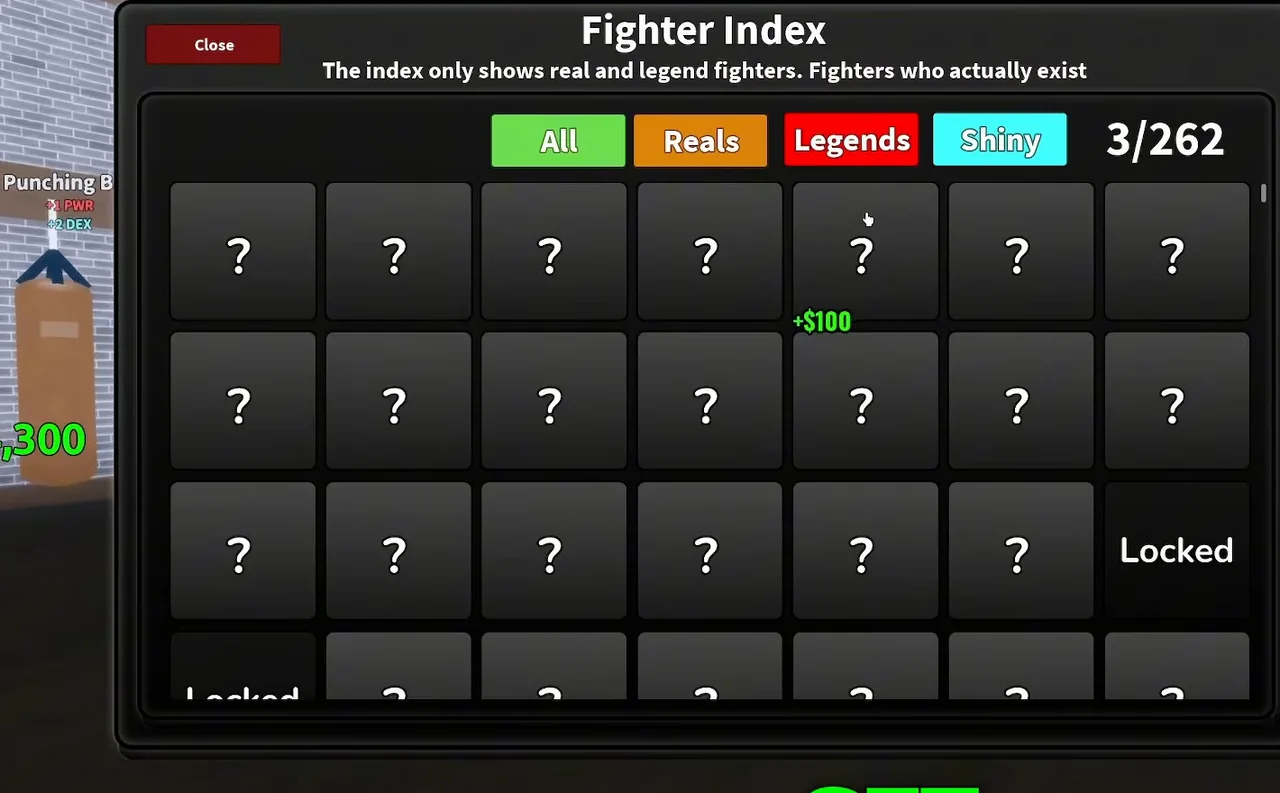 Coach a Fighter Fighter Index showing All, Reals, Legends and Shiny filter tabs and a 3/262 counter