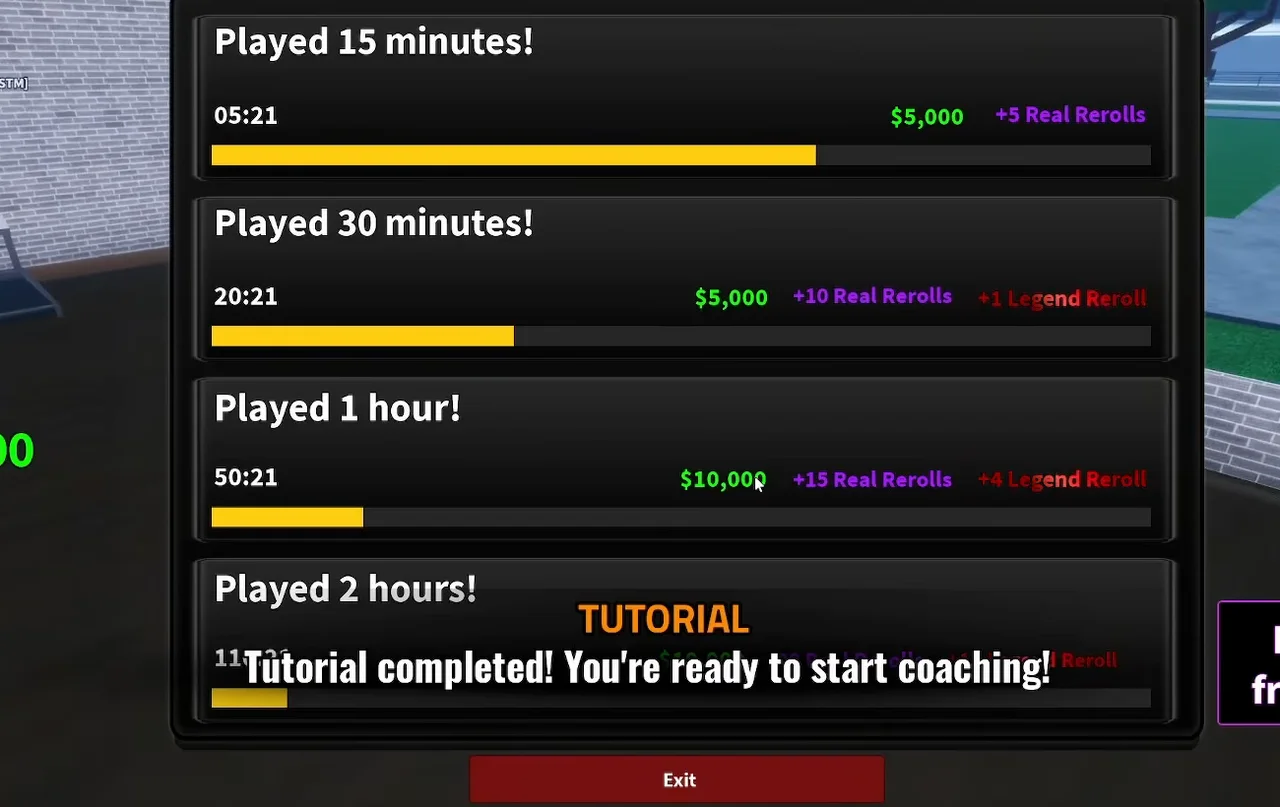Coach a Fighter free rewards panel showing playtime milestones