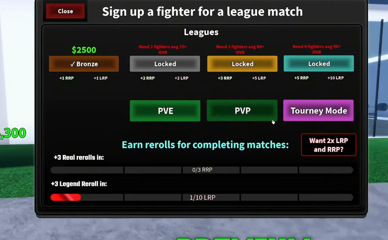 Coach a Fighter Leagues panel showing Bronze unlocked and two locked leagues with OVR requirements