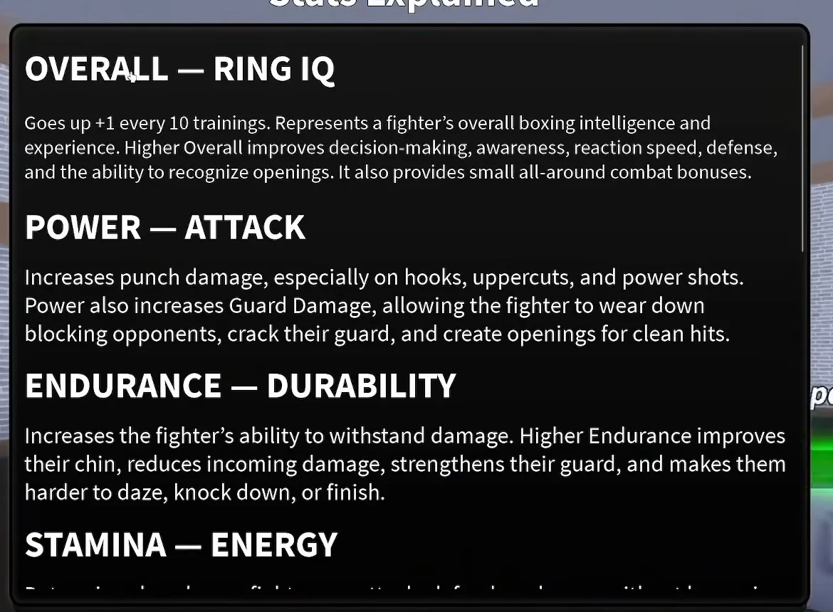 Coach a Fighter in-game Stats Explained panel showing Overall Ring IQ, Power Attack and Endurance Durability