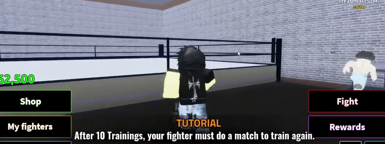 Coach a Fighter tutorial popup reading After 10 Trainings, your fighter must do a match to train again